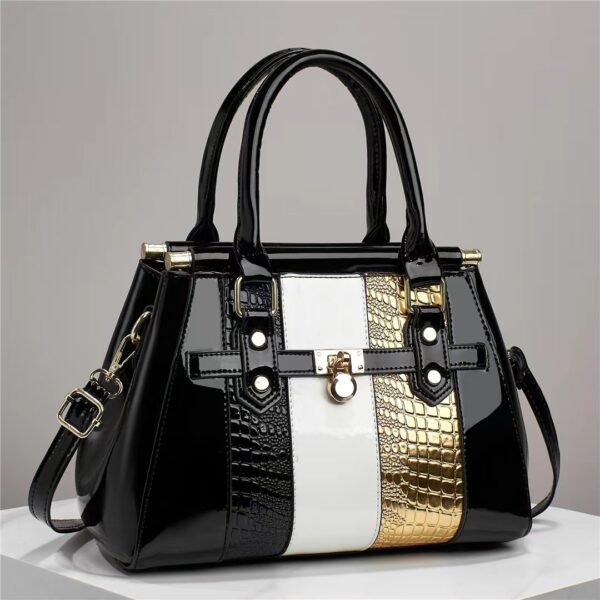Vertical Stitching Bright Leather Lizard Pattern Large Capacity Shoulder Bag - Image 7