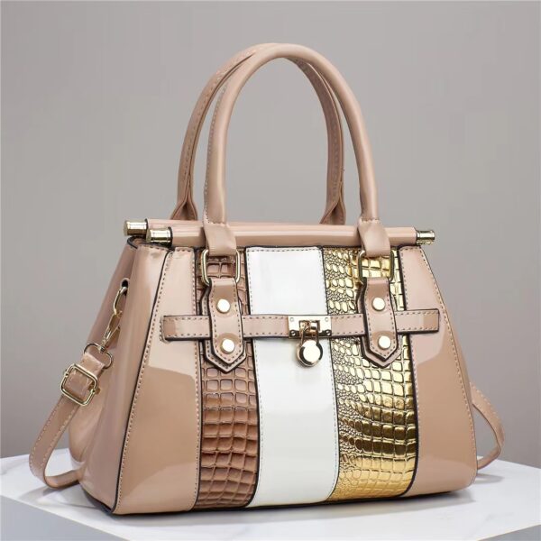 Vertical Stitching Bright Leather Lizard Pattern Large Capacity Shoulder Bag - Image 4